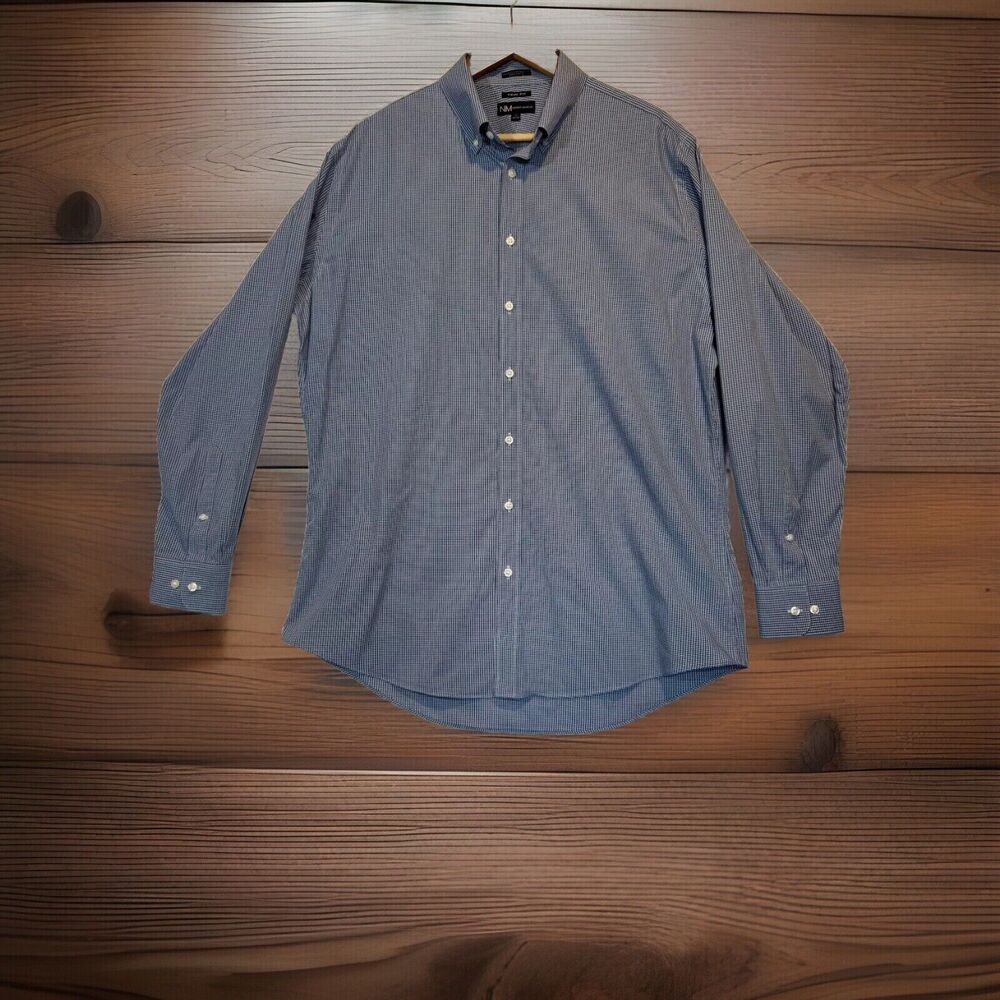 Neiman Marcus Mens Large‎ Blue Plaid Trim Fit Cotton Button Up Shirt 17 34/35